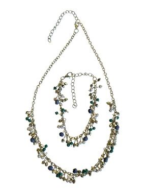 Silver Tone Beaded Necklace Bracelet Set Blue Green Cluster Boho Dangle EUC